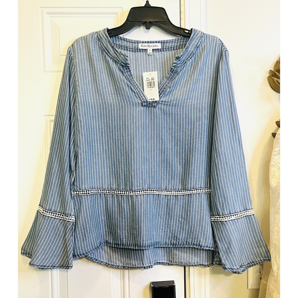 NWT Cottagecore Bell Sleeve L Kim Rogers Blue White Striped Tunic Top Blouse